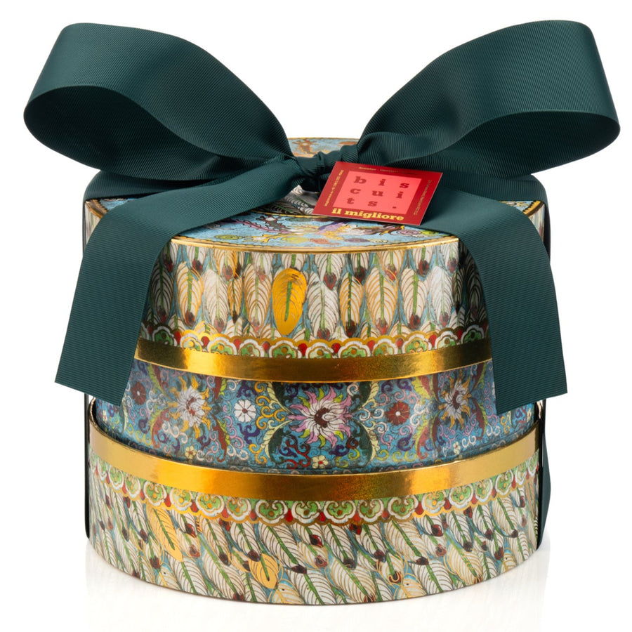 Beautiful round gift box with a green bow