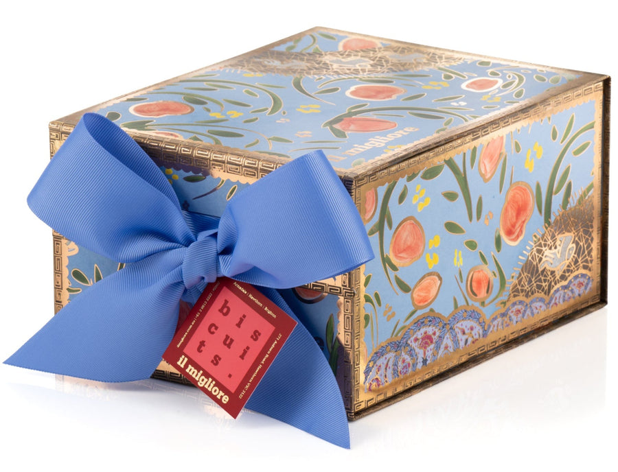Decorative gift box with floral design and blue ribbon on a white background