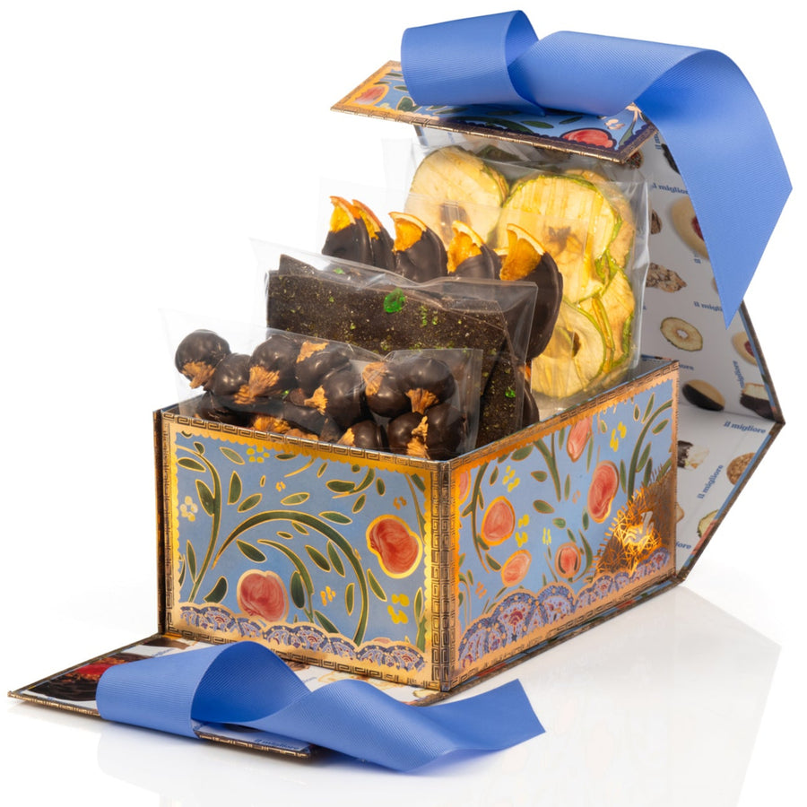 Decorative box with chocolates on a white background