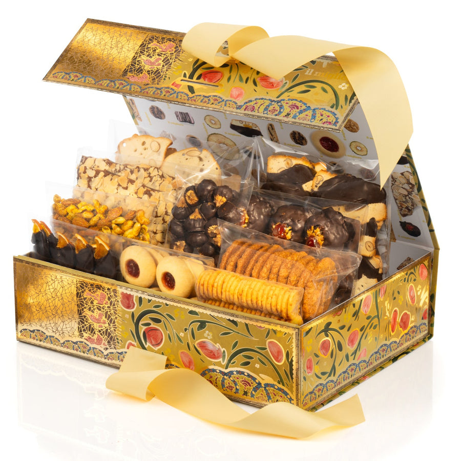 Yellow gift hamper filled with delicious biscuits tied with a yellow bow