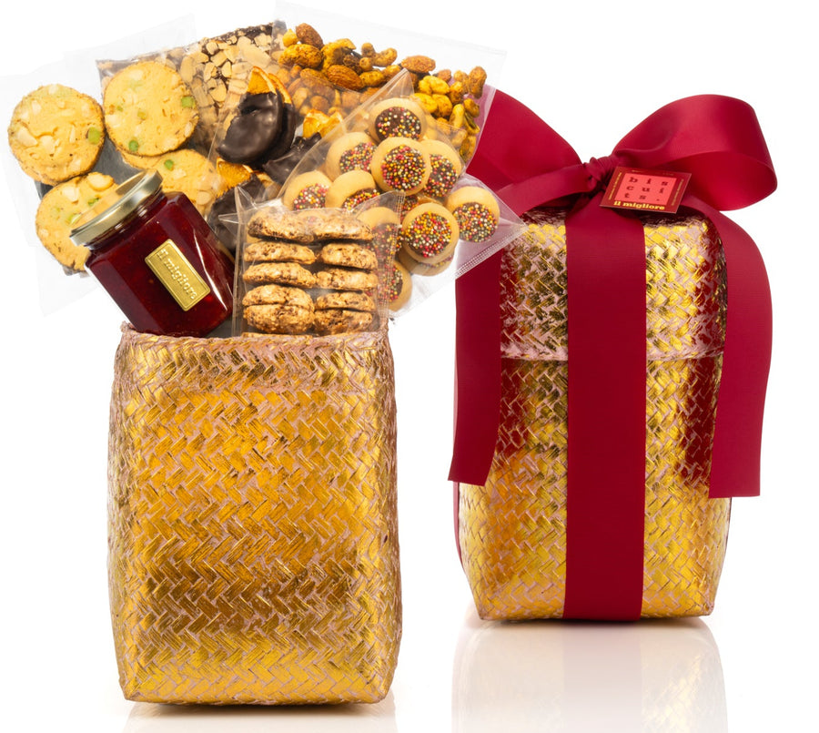 Two gift baskets, one wrapped in gold paper and the other in red ribbon, on a white background.