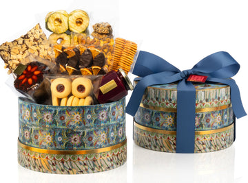 Beautiful gift box packed with delicious biscuits and sealed with a blue bow